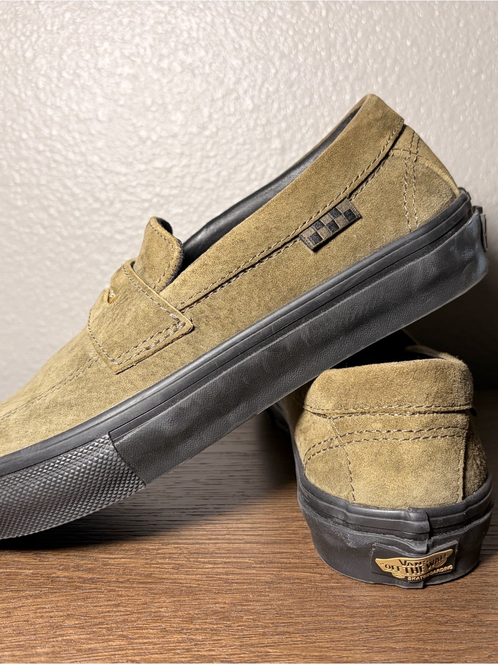 Vans Suede Slip-On Loafers in Olive/Khaki with Black Sole